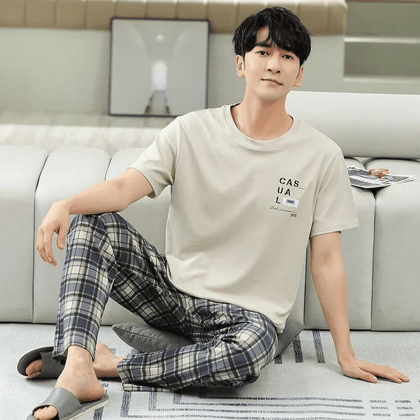 Conjunto de pijama de algodón para hombre, ropa de hogar holgada de manga fino corto, nuevo estilo, verano 2023