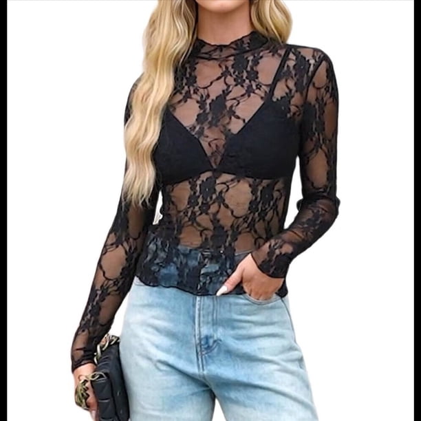 Blusa de de Larga para Mujer con Cuello Alto Transparente Flores Negras S