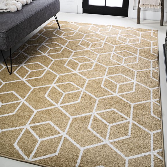 JONATHAN Y SUPERSOFT 3 x 5 Area Rug, Tumbling Blocks Modern Geometric - Gold/White, SEU101E-3