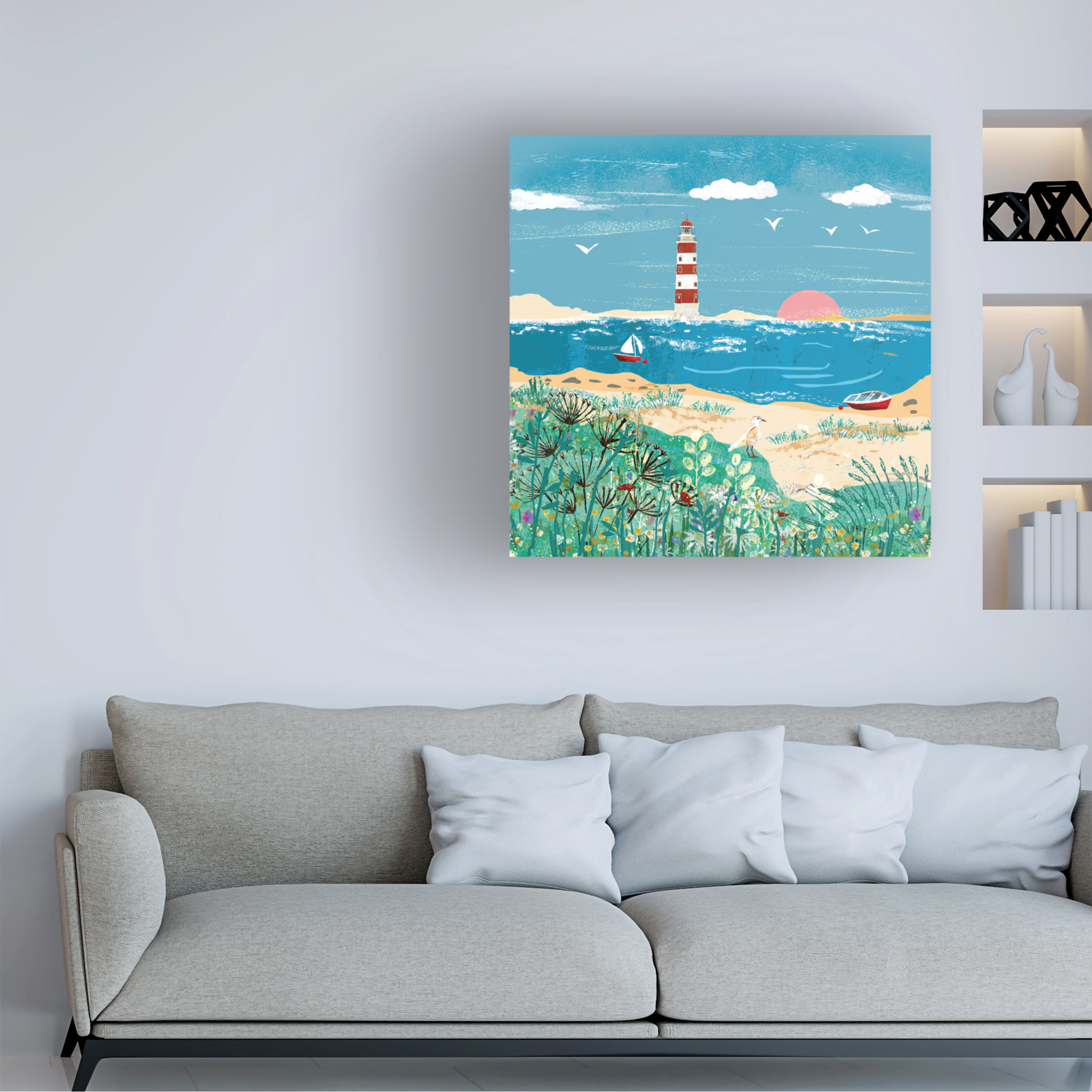 Canvas Wall Art - Paper Dove Co Ltd 'Sunny Lighthouse' Wall Art for Living Room, Bedroom, or Office DÃ©cor by Trademark Fine Art - 18 x 18 Inches