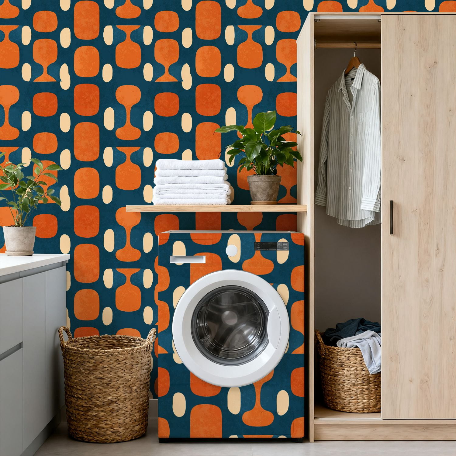 Peel and Stick Wallpaper 17.7in x 9.8ft Mid century modern age blue orange cream Ideal Contact Paper Vinyl Waterproof Self Adhesive Wall Paper for Bedroom Shelf Cabinet Renter Friendly