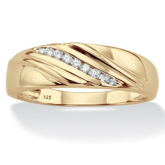 PalmBeach Jewelry Men's Round Diamond Diagonal Grooved Ring 1/8 TCW in 18k Gold-plated Sterling Silver