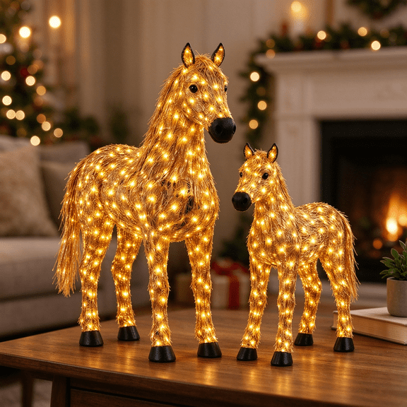 Light Up Christmas Horse and Foal Set, Warm White LED Tabletop Christmas Decoration, Holiday Animal Figurines for Shelf Mantel Desk and Indoor Home Decor
