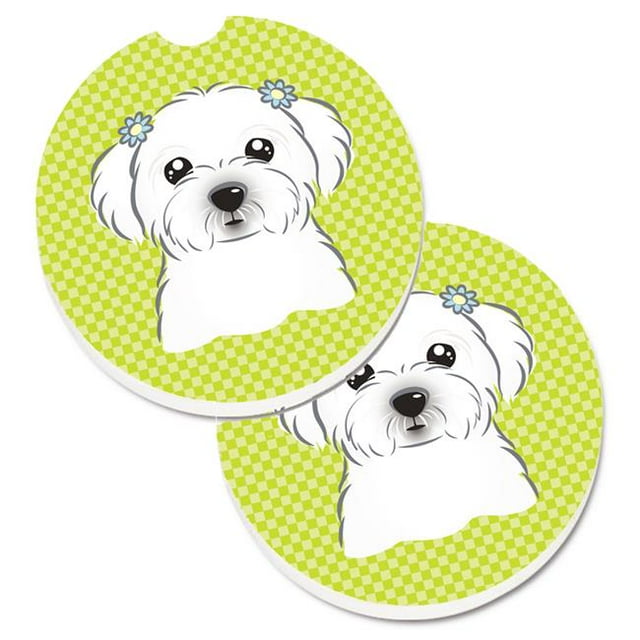Checkerboard Lime Green Maltese Set of 2 Cup Holder Car Coaster