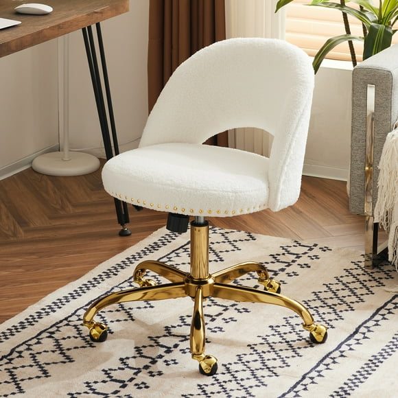 Ktaxon Office Desk Chair Adjustable Teddy Velvet Computer Task Chair Small Rolling Vanity Stool with Wheels for Study Make-up White