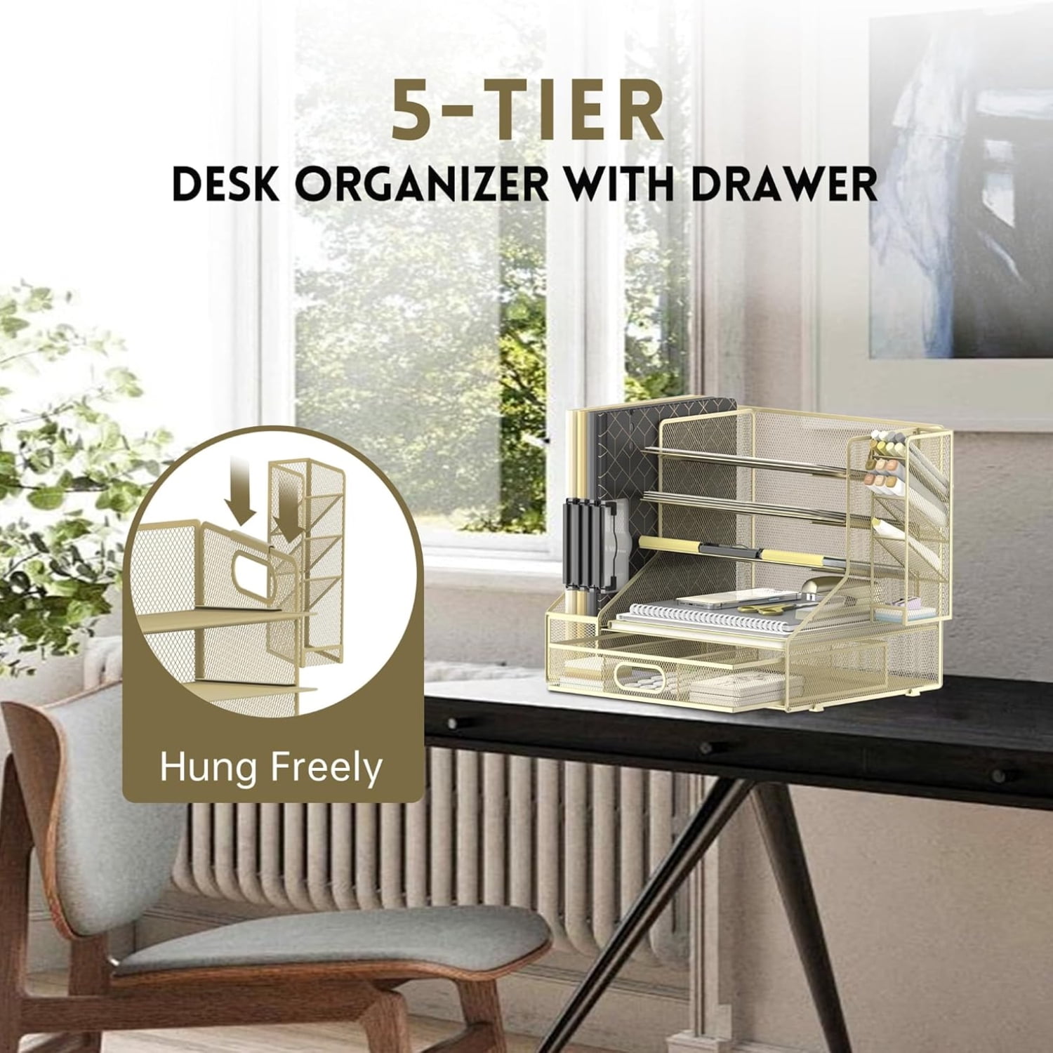 INTIGE 5-Tier Metal Mesh Desktop Organizer with File Holder, Drawer and Pen Holder, Paper Organizer, Yellow, 1 Pack