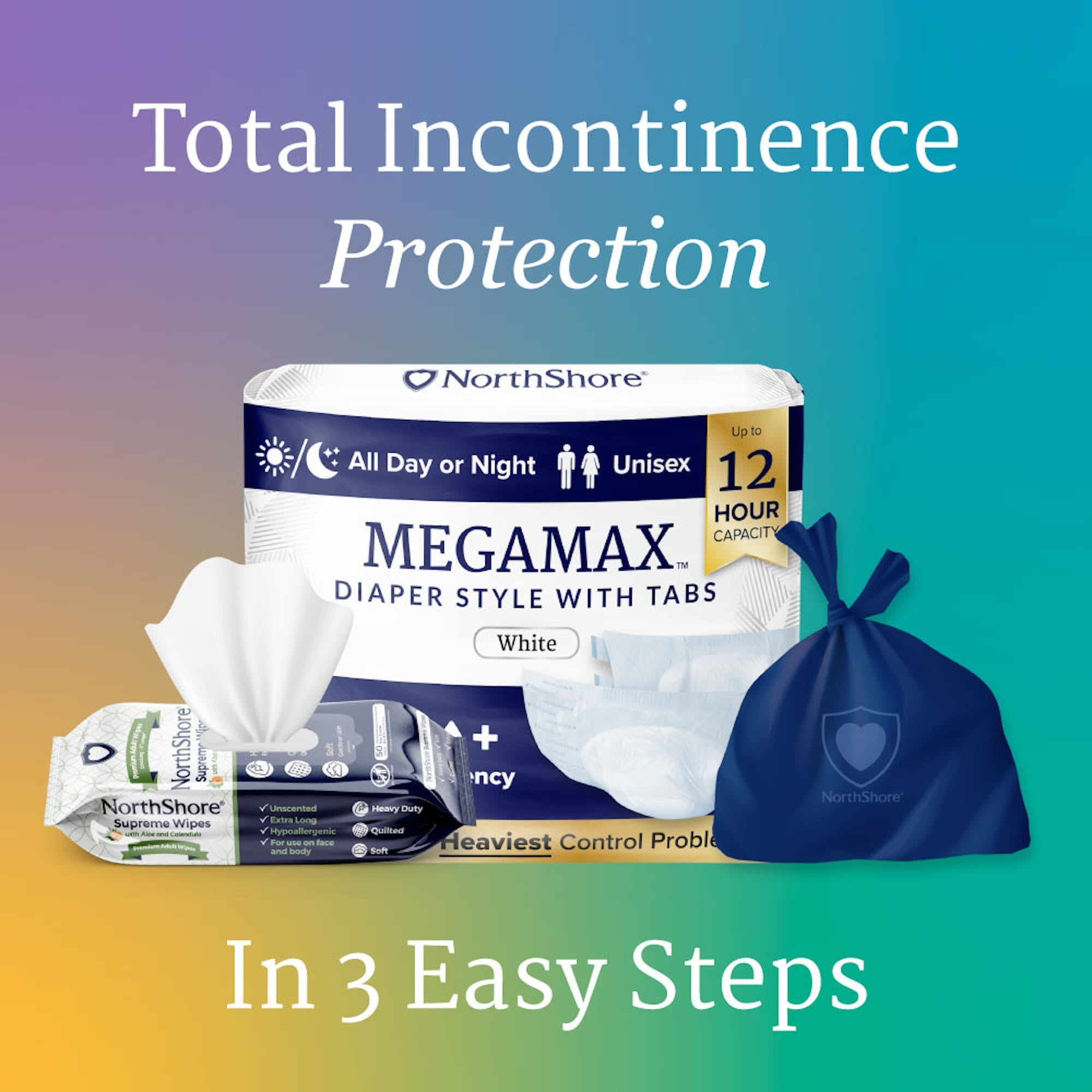 NorthShore MegaMax Adult Overnight Diapers, 12-Hour Tab-Style, Large, 10 Count Bag, White, 42-54 inches, Unisex Incontinence Underwear