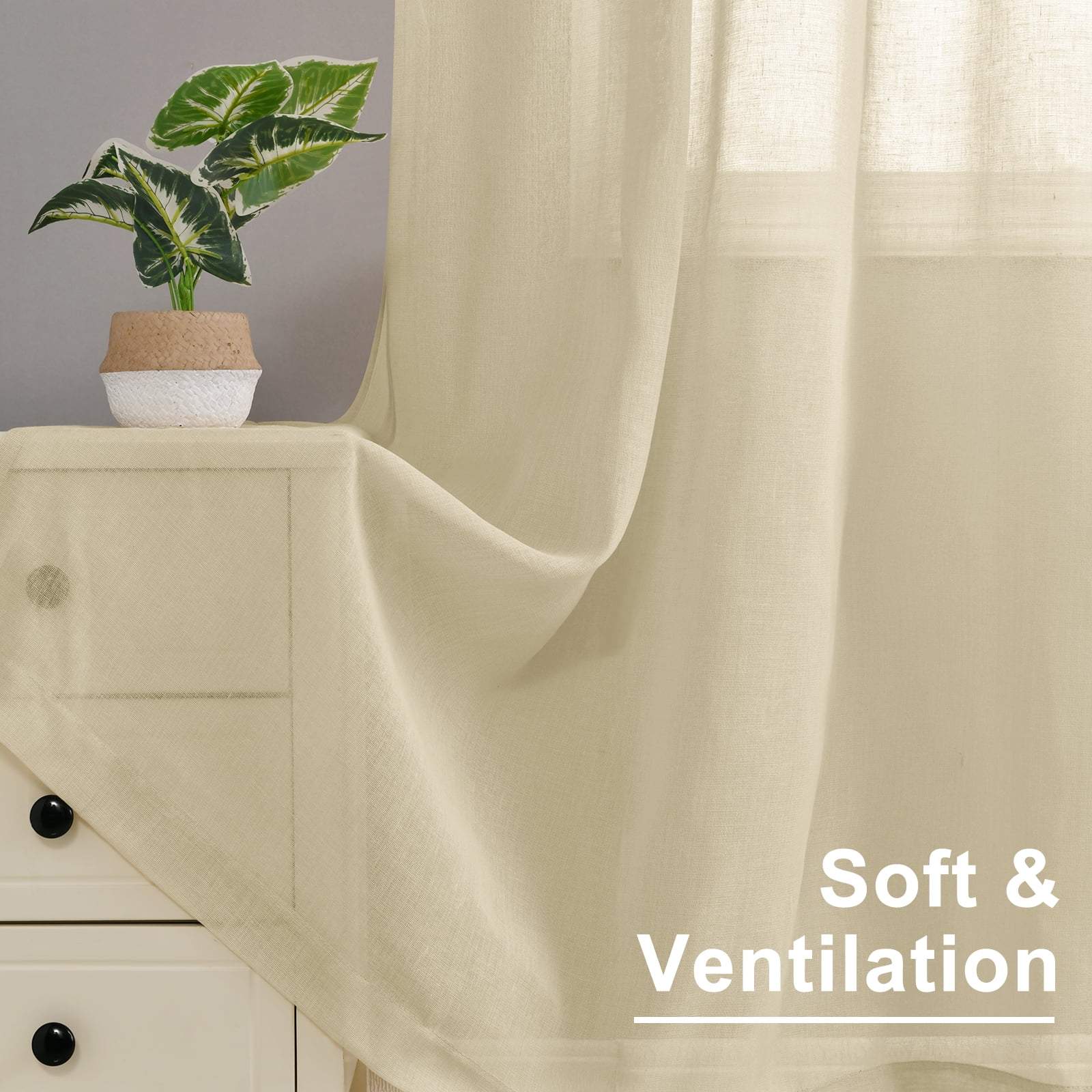 XWZO Semi Sheer Linen Curtains,Privacy Enhancing & Light Filtering Rod Pocket Drapes for Living Room with Tiebacks(Beige,W52 x L45 Inch,2 Panels)