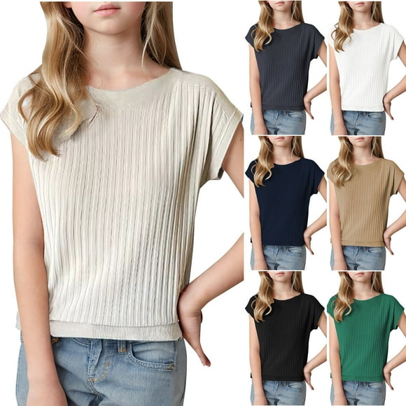 Feancey Ribbed Knit Tops for Kids Girls Summer Cap Sleeve V Neck T-Shirts Solid Color Casual Cotton Knitted Shirt Holiday Gifts Black S