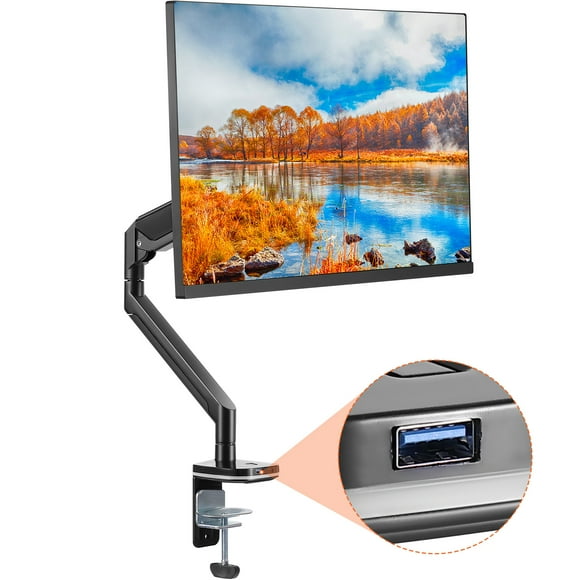 VEVOR Single Monitor Mount with USB, Supports 13"-35" Screen, Adjustable Gas Spring Monitor Arm, Holds up to 26.4 lbs, Monitor Arm Desk Mount with C-Clamp/Grommet Mounting Base, VESA Mount 75/100mm