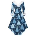 thumbnail image 3 of Women's Fashion V-Neck Casual Fit Christmas Print Party Long Sleeve Dress, Plush Trim, Holiday Print, Retro Style, Party Wear, Slim Fit, Festive,Blue,5XL, 3 of 3
