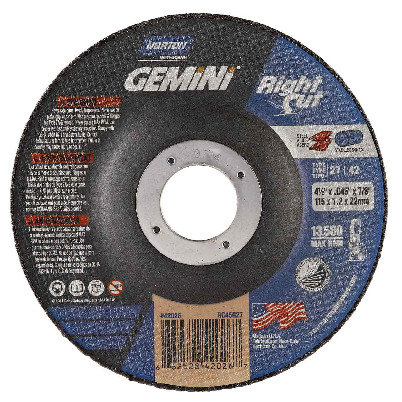 NORTON 66252842026 Gemini Depressed Center Grinding Wheel,T27,4.5x0