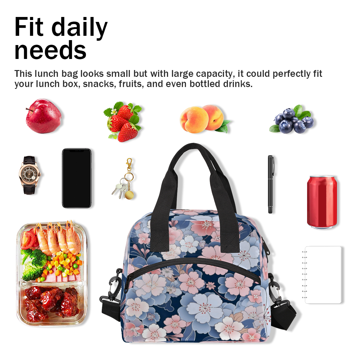 Herdesigns Pink Blue Cherry Blossom Insulated Lunch Bag for Women Men Adults Large Reusable Lunch Box Leakproof Portable Cooler Tote Bags with Adjustable Shoulder Strap