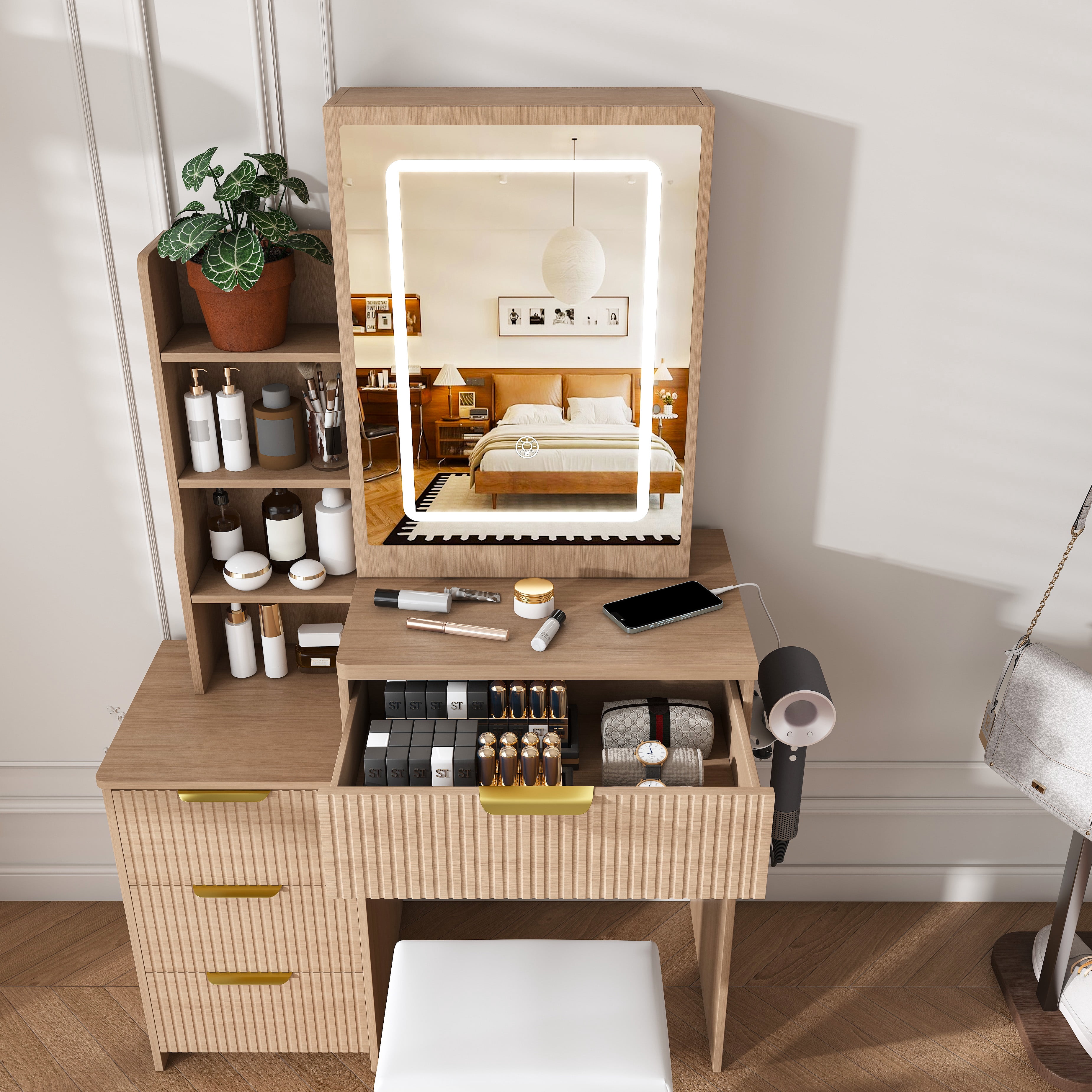 Modern Vanity Desk with LED Mirror and 3 Lighting Modes, Makeup Table with 4 Drawers and Power Outlet, Hair Dryer Holder and Stool for Bedroom, Walnut
