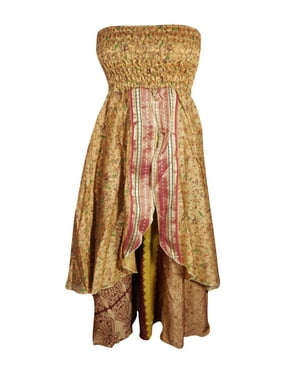 Mogul Women Brown Long Skirt Printed Dress Recycled Sari Flared Skirt, Hi Low Dresses, Strapless Dress, Two Layer Skirt S/M