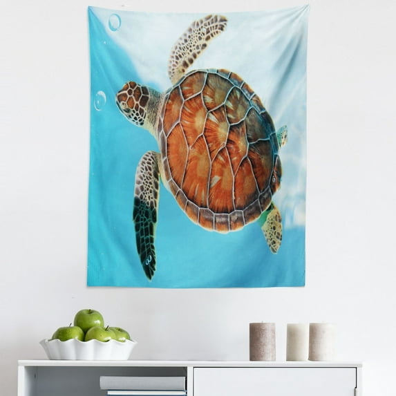 Turtle Tapestry, Endangered Species Sea Animal in Tropic Caribbean Waters Wildlife, Fabric Wall Hanging Decor for Bedroom Living Room Dorm, 5 Sizes, Turquoise Cinnamon, by Ambesonne