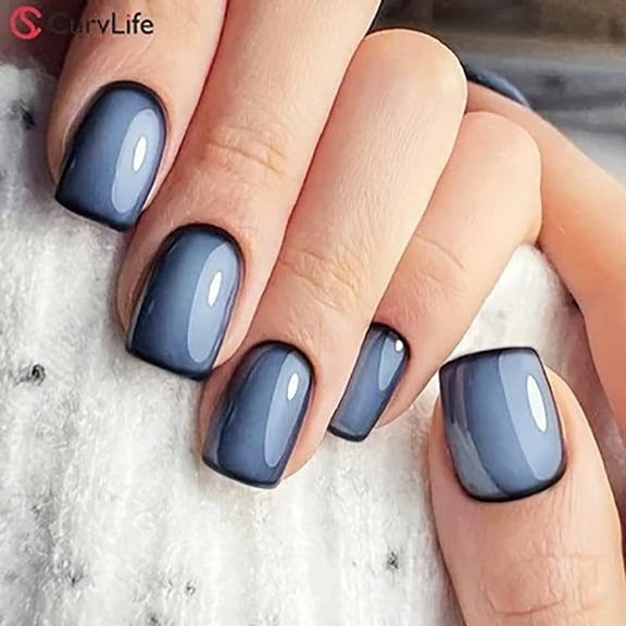 CurvLife Misty Slate Vibe Press-On Nails - 24PCS Short Square, Minimalist Gradient, Non-Toxic & Reusable