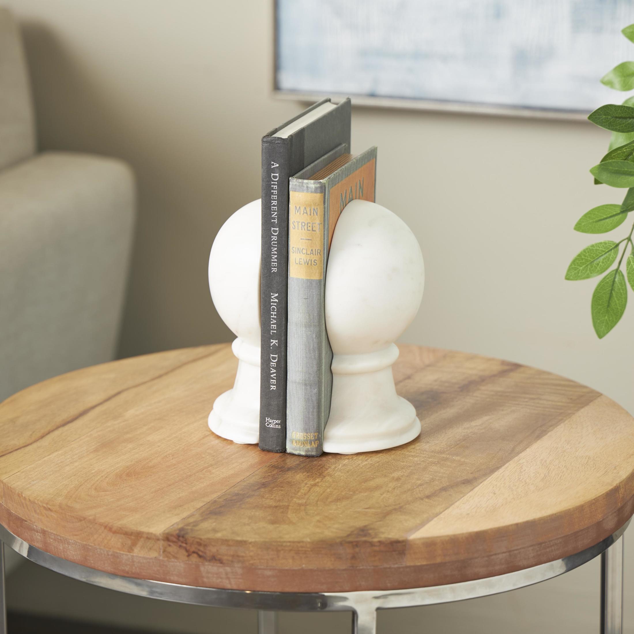 DecMode 2" Sleek Orb Globe White Marble Bookends (Set of 2)