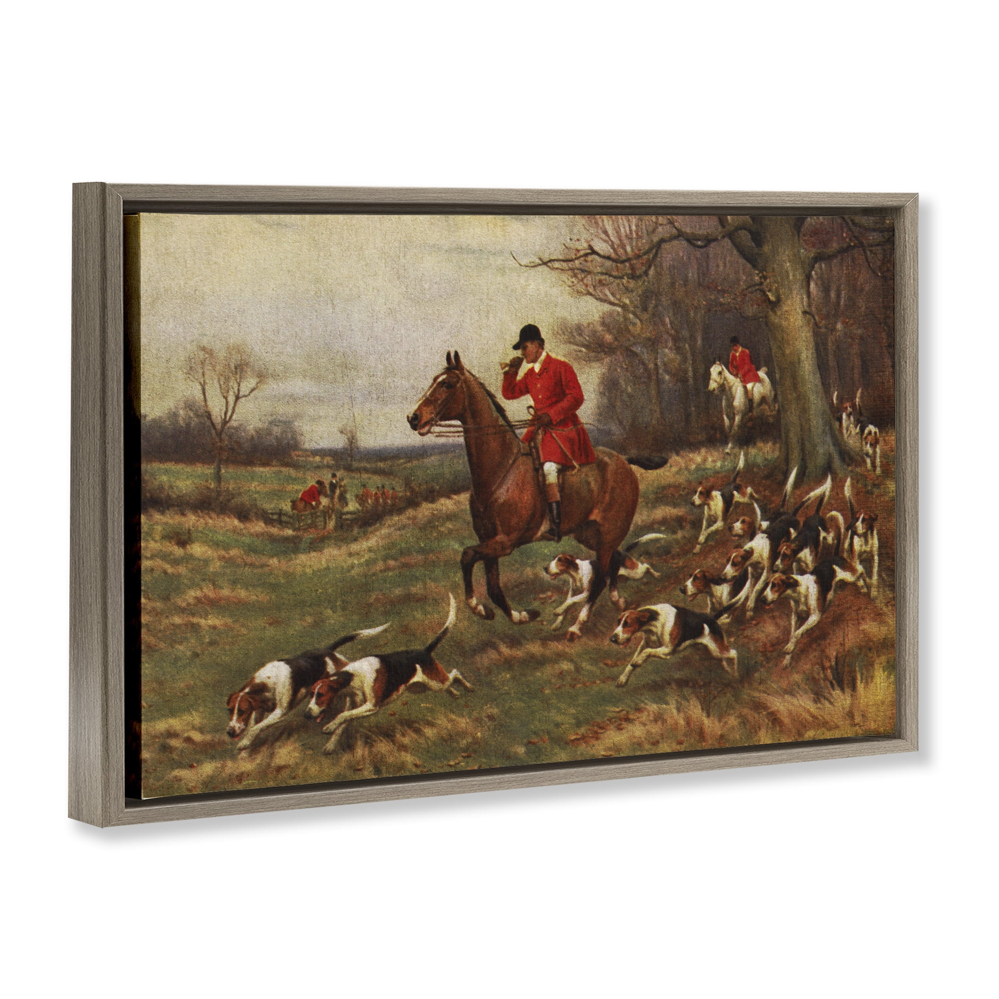 Stupell Industries Vintage Hunting Party Dogs People Painting Brown Floater Framed Canvas Art Print Wall Art, 31 x 21