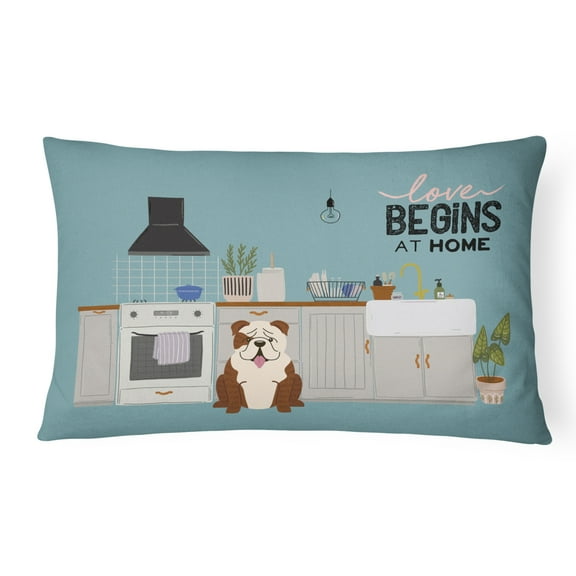 Carolines Treasures CK7825PW1216 Brindle White English Bulldog Kitchen Scene Canvas Fabric Decorative Pillow 12H x16W