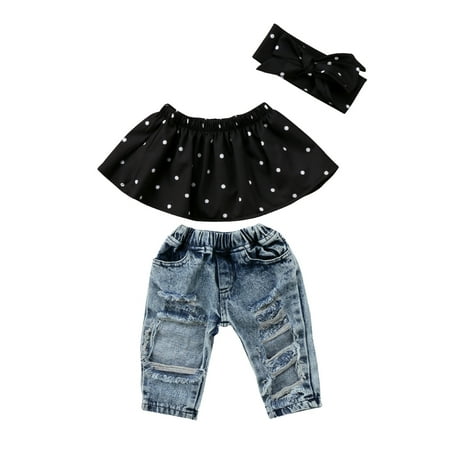 

Mioliknya Baby Girls Off Shoulder Wave Point Tops + Ripped Jeans + Headband Set