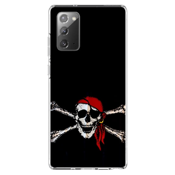 DistinctInk Clear Shockproof Hybrid Case for Samsung Galaxy Note 20 (6.7" Screen) - TPU Bumper, Acrylic Back, Tempered Glass Screen Protector - Black Red Pirate Flag