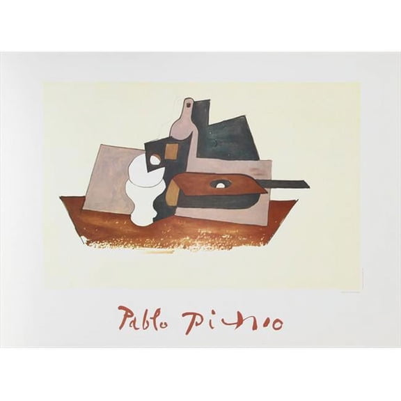 Pablo Picasso Guitare Verre et Bouteille- Lithograph on Paper 29 In. x 22 In. - Brown- Black- Beige