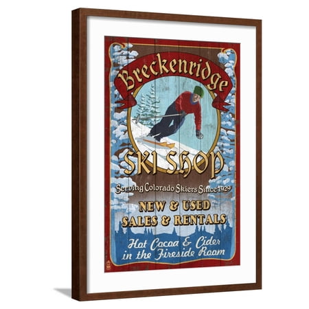 Art.com Breckenridge, Colorado - Ski Shop Vintage Sign Art Print by Lantern Press, Brown Frame Wall Art, 21" x 29"
