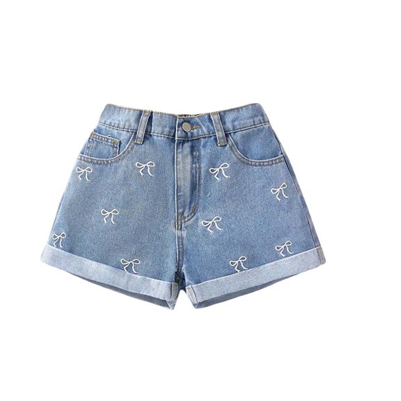 Denim Shorts Girls Casual Straight Leg Girls Bow Embroidered Denim Shorts Summer Clothes Girls Size 10-11 Years Shorts