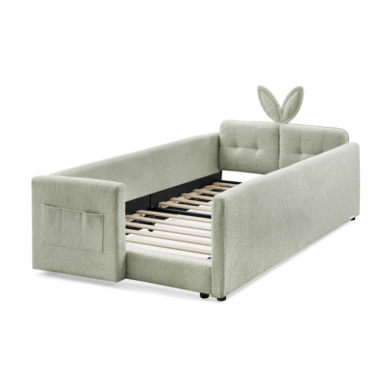 Twin Size Upholstered Platform Bed with Rabbit Ear Headboard, Kids Floor Bed with Storage Pocket & Safety Guardrail, No Box Spring Required