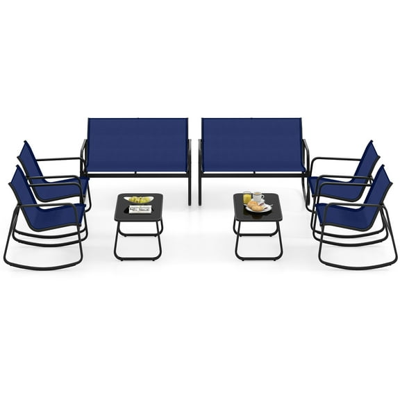 Gymax Set Of 8 Outdoor Patio Rocking Set 4 Rocking Chairs & Loveseat w/ Glass-Top Table