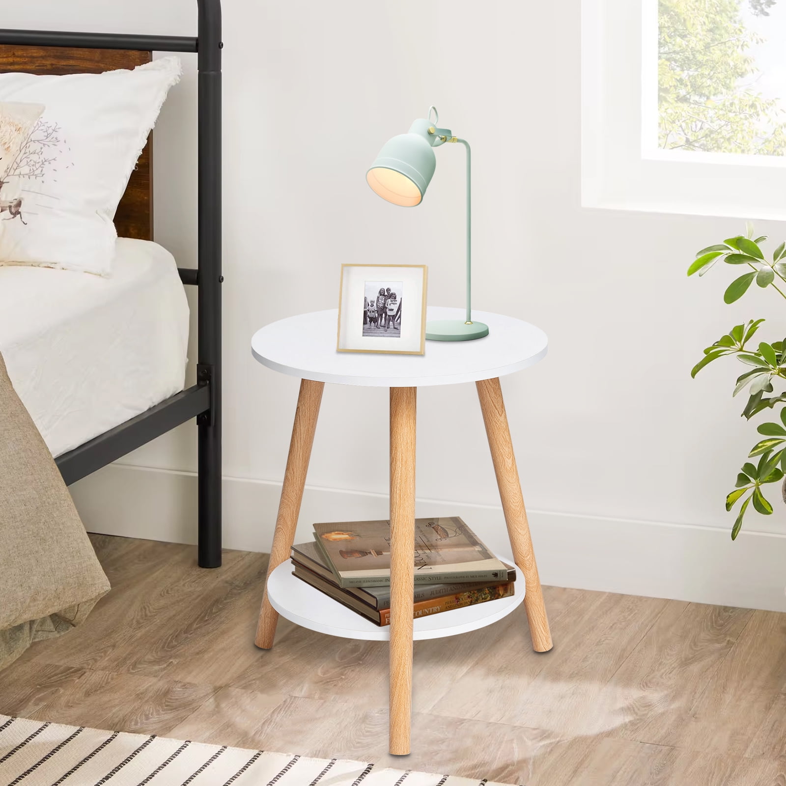 2 Tier End Table, HONEIER Side Table with Storage Shelf Small Bedside Table Night Stand for Living Room, Bedroom Entryway, White