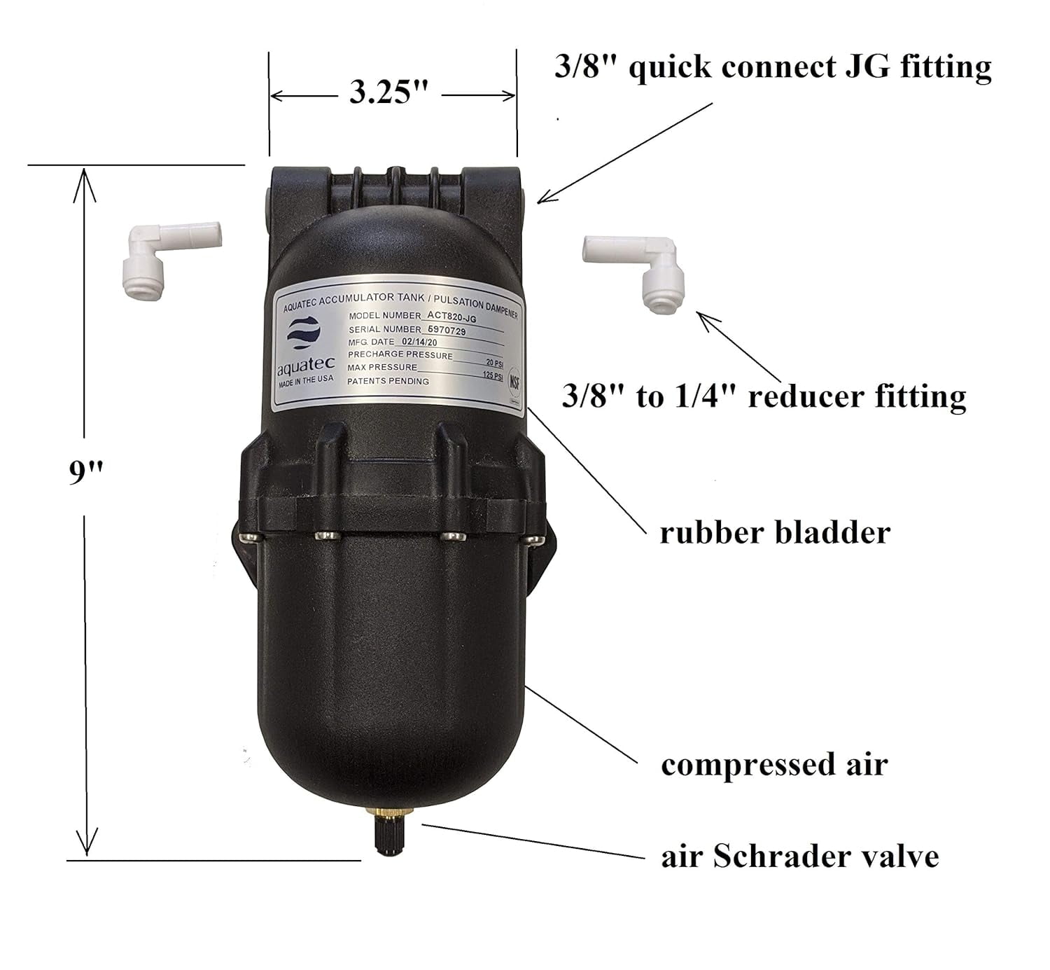 Aquatec Pulsation Dampener Accumulator Pressure Tank for Demand Delivery Pumps and misting aeroponics Booster Pumps. Dampens Pressure Switch Cycling pulsating Issues, Limit Water Hammer