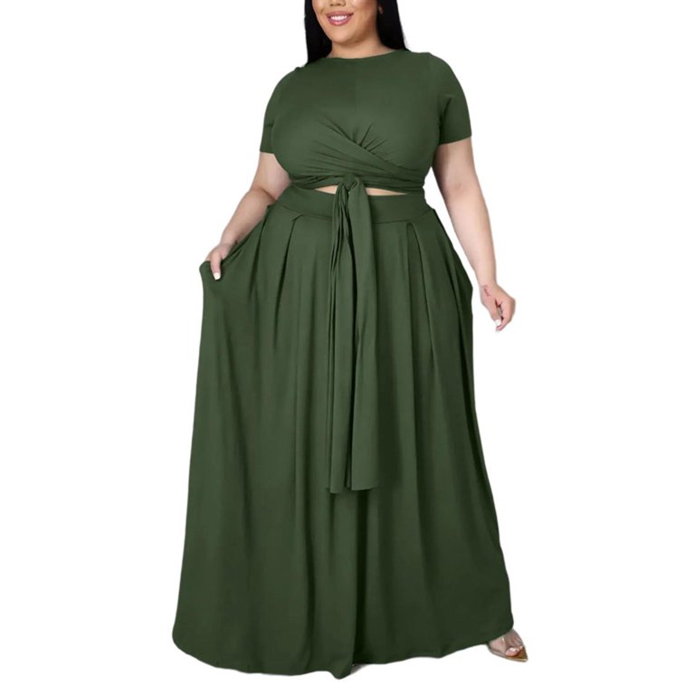 Summer Dresses for Women 2025 Trendy Large Size High Waisted Solid Color  Straps Hem Dress 2 Piece Set Green Skater Clothes Outfits XL - Walmart.com