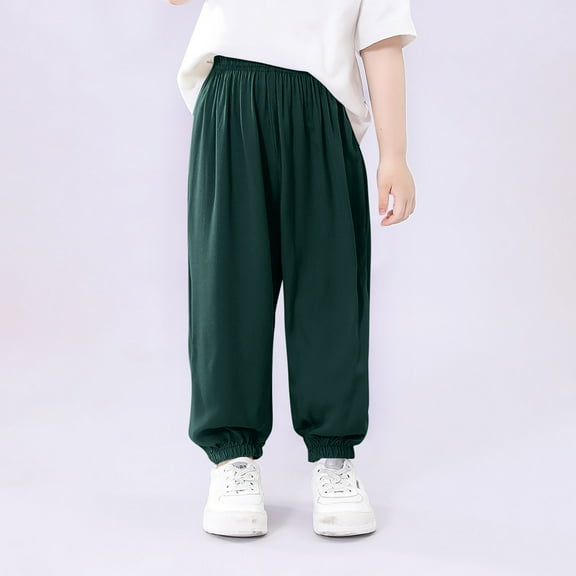 ITSAME Pants for Boys Girls, Casual Sport Ice Silk Elastic Waist Tapered Pants Army Green 4-5T