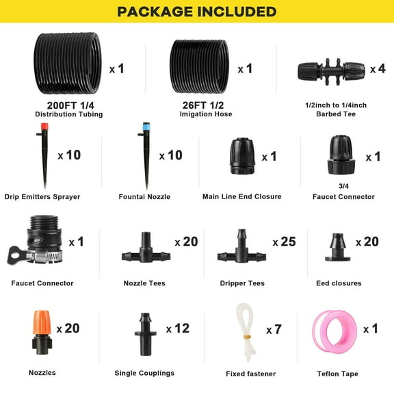 Drip Irrigation System Kit for Garden Greenhouse & Patio – 226FT Garden Watering System with 1/4 & 1/2 Tubing Adjustable Nozzles Barbed Fittings & Emitters – Perfect for Home Small Farms