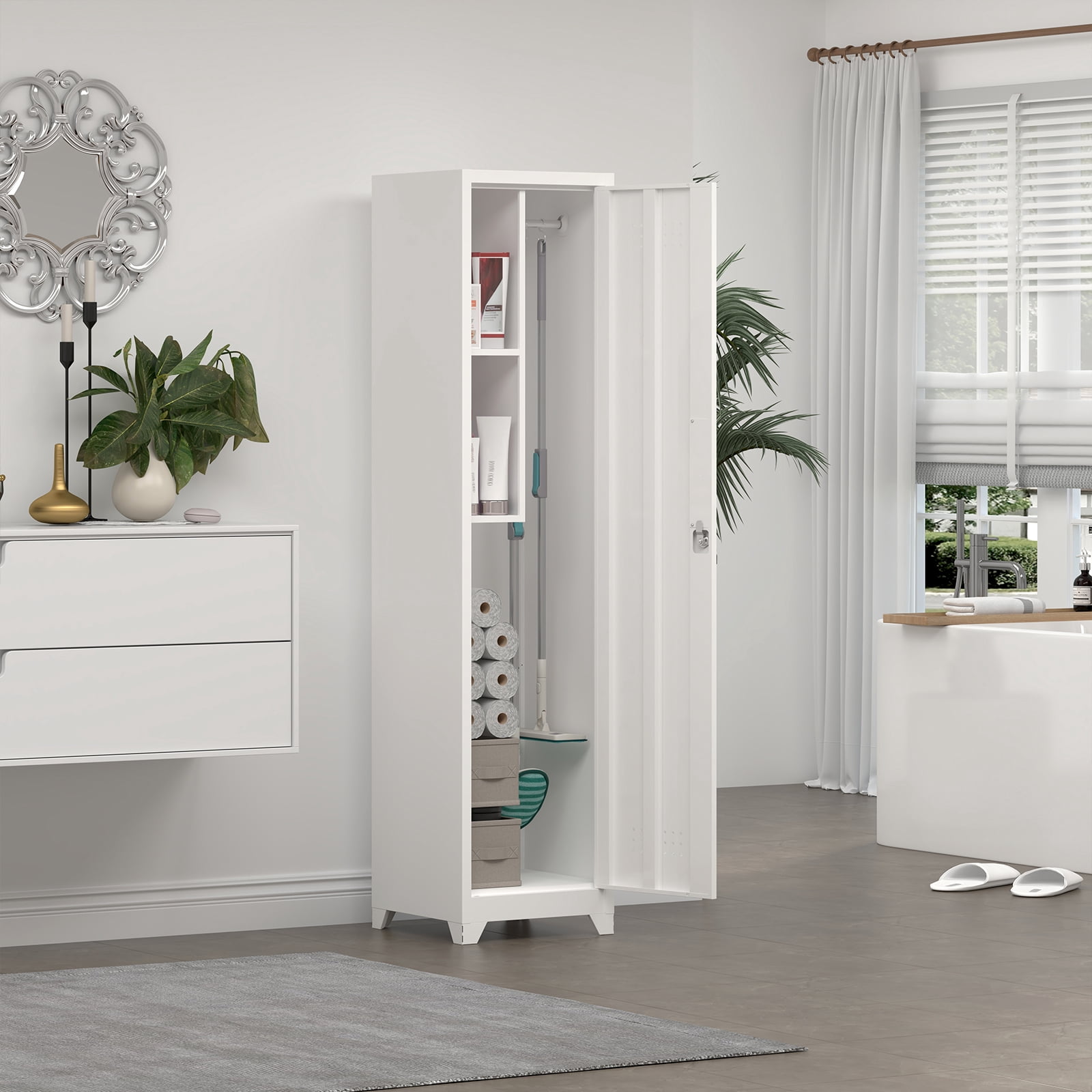 Marcree Slim Broom Storage Cabinet, Metal Cabinet with Shelves and Hanging Rod, 65" Utility Storage Cabinet with Locking Door, Tall Cleaning Storage Cabinet for Kitchen, Pantry, Office, Shop, Garage