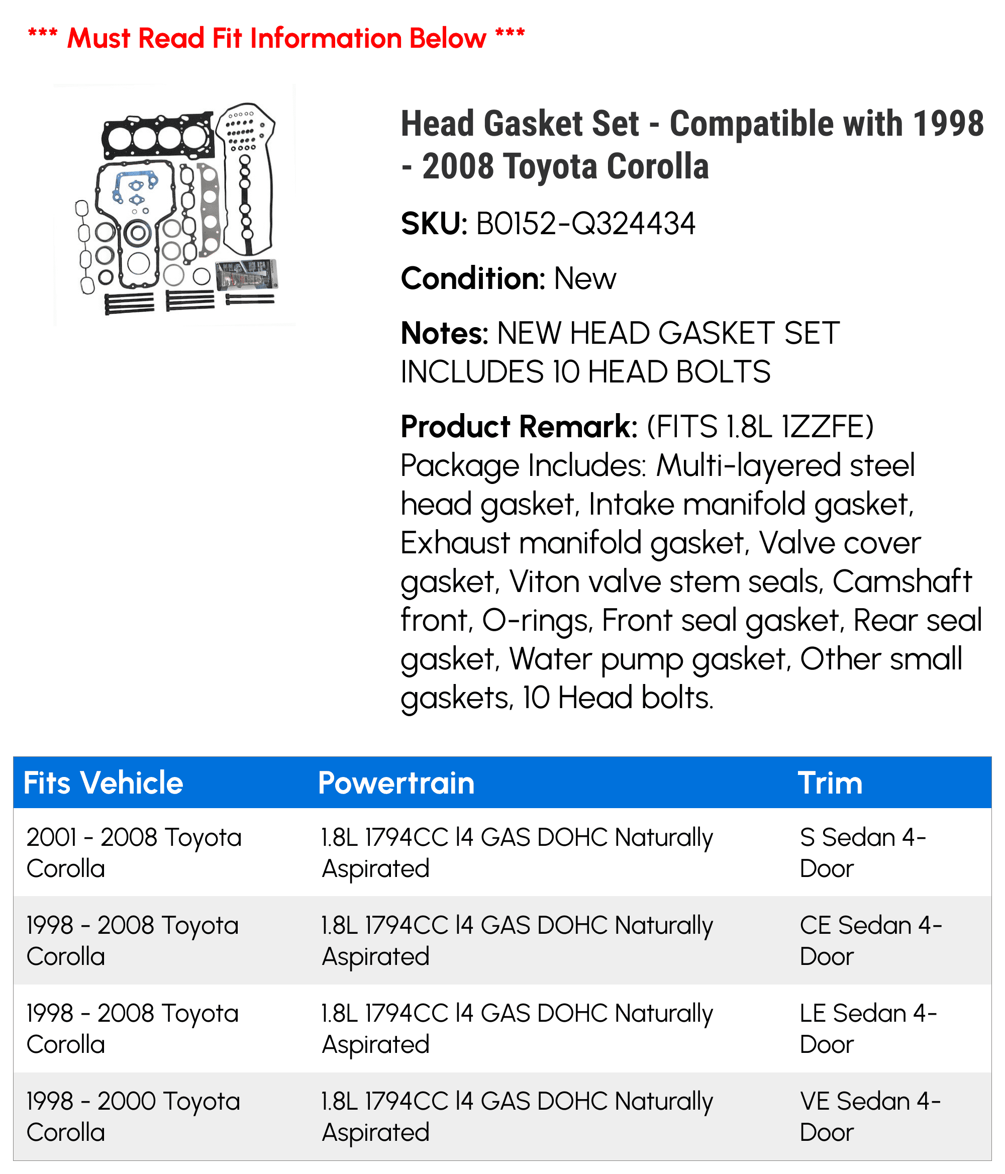 Head Gasket Set - Compatible with 1998 - 2008 Toyota Corolla 1999 2000 2001 2002 2003 2004 2005 2006 2007