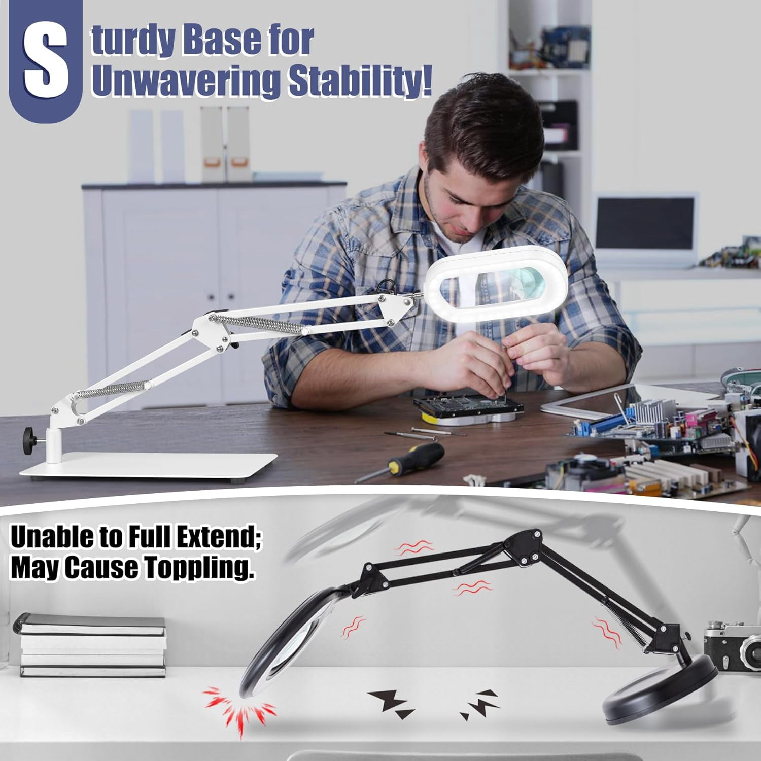 Veemagni Magnifying Glass with Light, Square Real Glass LED Desk Lamp 5 Color Modes Stepless Dimmable Hands-Free Stand & Clamp for Hobby Close Work - White