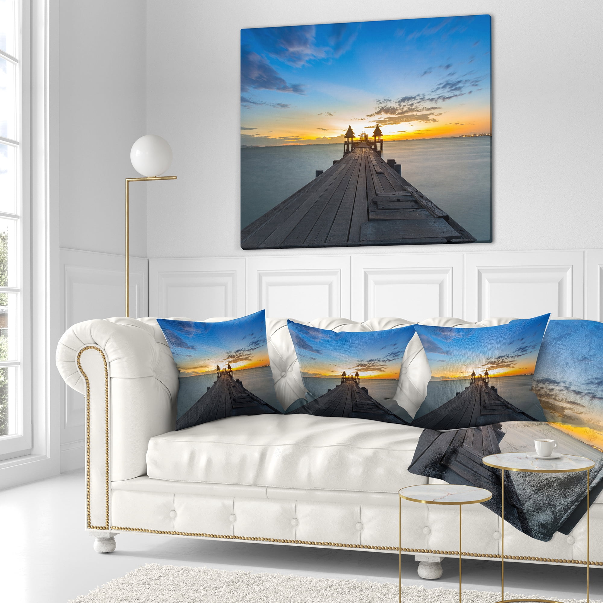Designart Long Wood Pier Leading to Colorful Sea - Sea Bridge Throw Pillow - 18x18