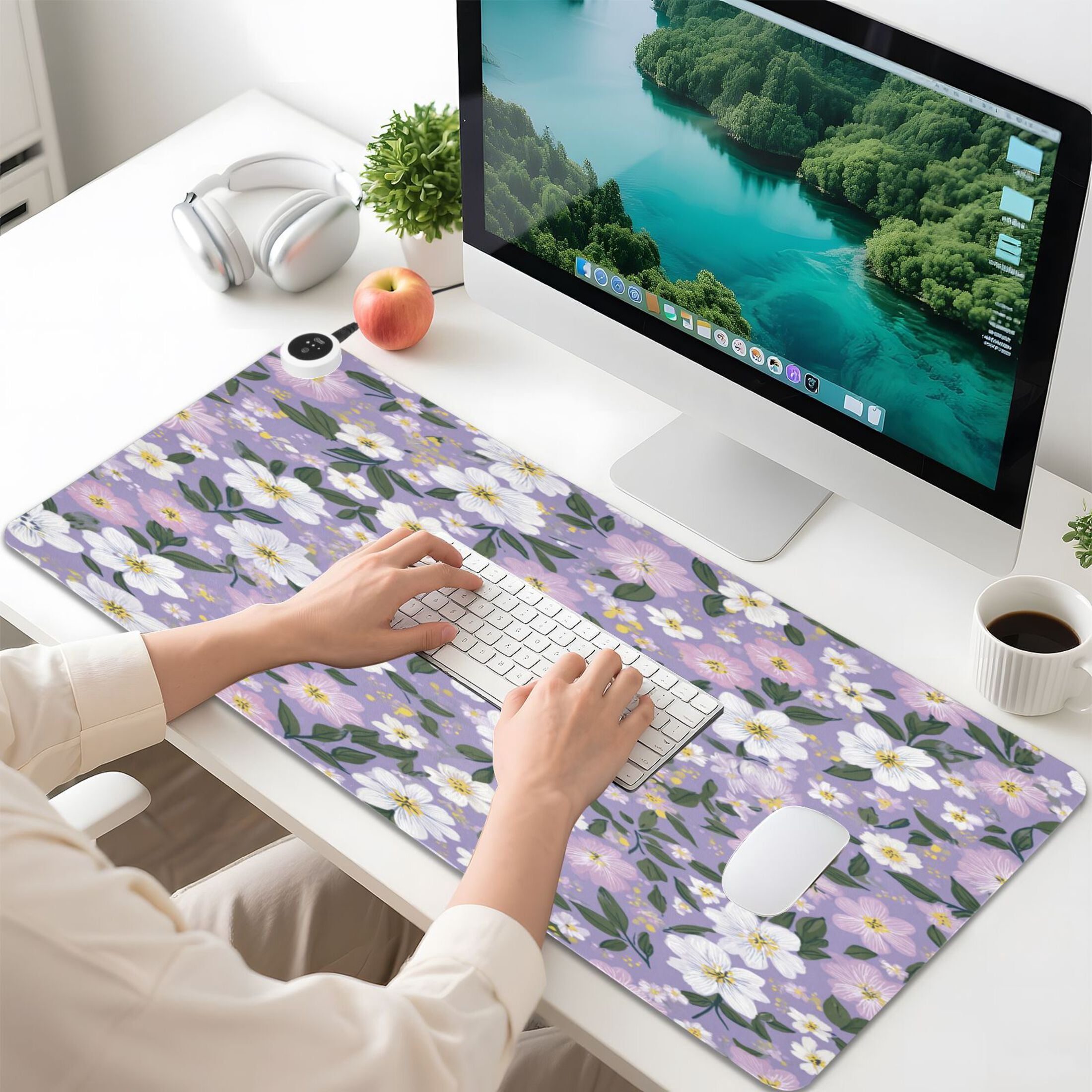 Large Heated Desk Mat Mouse Pad 31.5"x13"PU Leather Graphene Heating Desk Warmer with 3 Temperature Settings 110V US Plug Non-Slip Warm Pad for Home, Office, and Gaming Dainty Floral Seamless Print