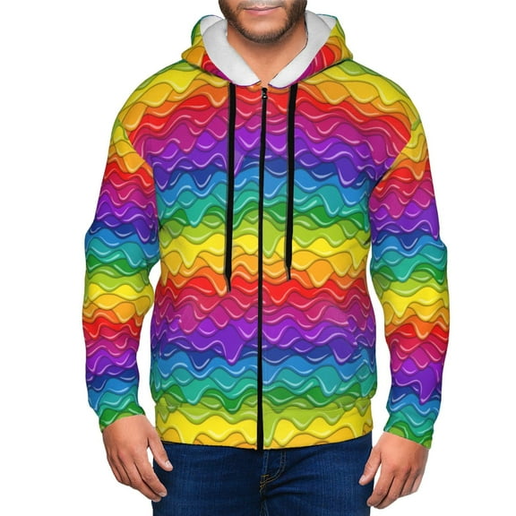 Honeii Bright Rainbow Print Hoodies for Men, Pullover & Full Zip, Breathable Zip up Hoodie, Sweatshirt-Small