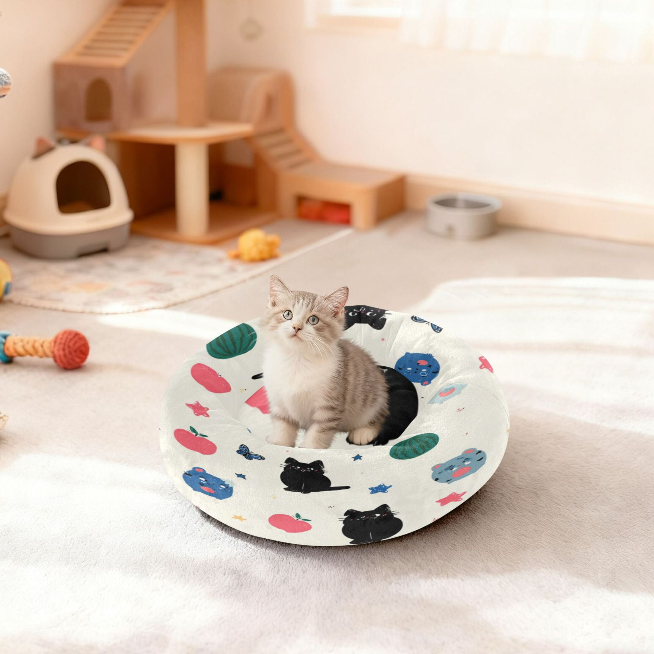 Iauyy Pet Couch Donut Cat Bed for Indoor Cats/Small Dogs Washable & Machine with Non-slip Bottom Calming Cat Furniture, Fresh Butterfly (XS)
