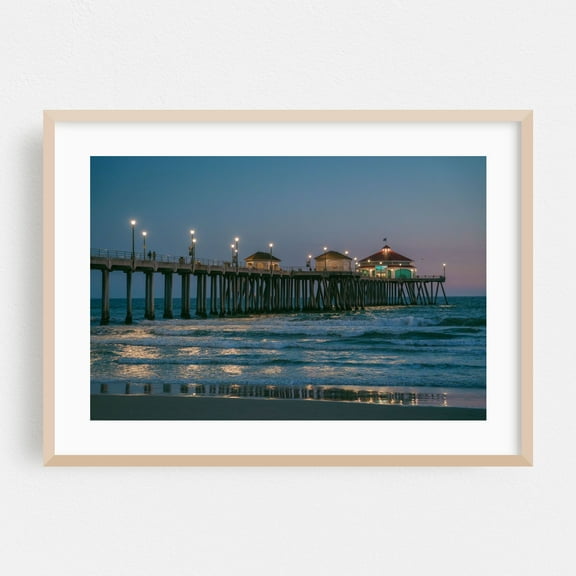 Huntington Beach Pier - Huntington Beach California Photography Seascape Night Sky Waves Boardwalk Ocean Coastal Oak Framed Wall Art Print 12 x 18 inches