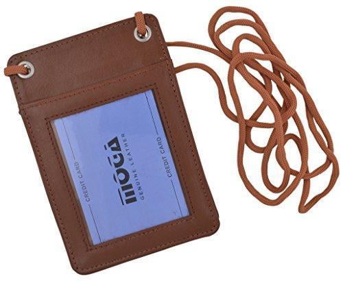 Genuine Leather Credit Card Holder Wallet ID Badge Case with Neck Strap