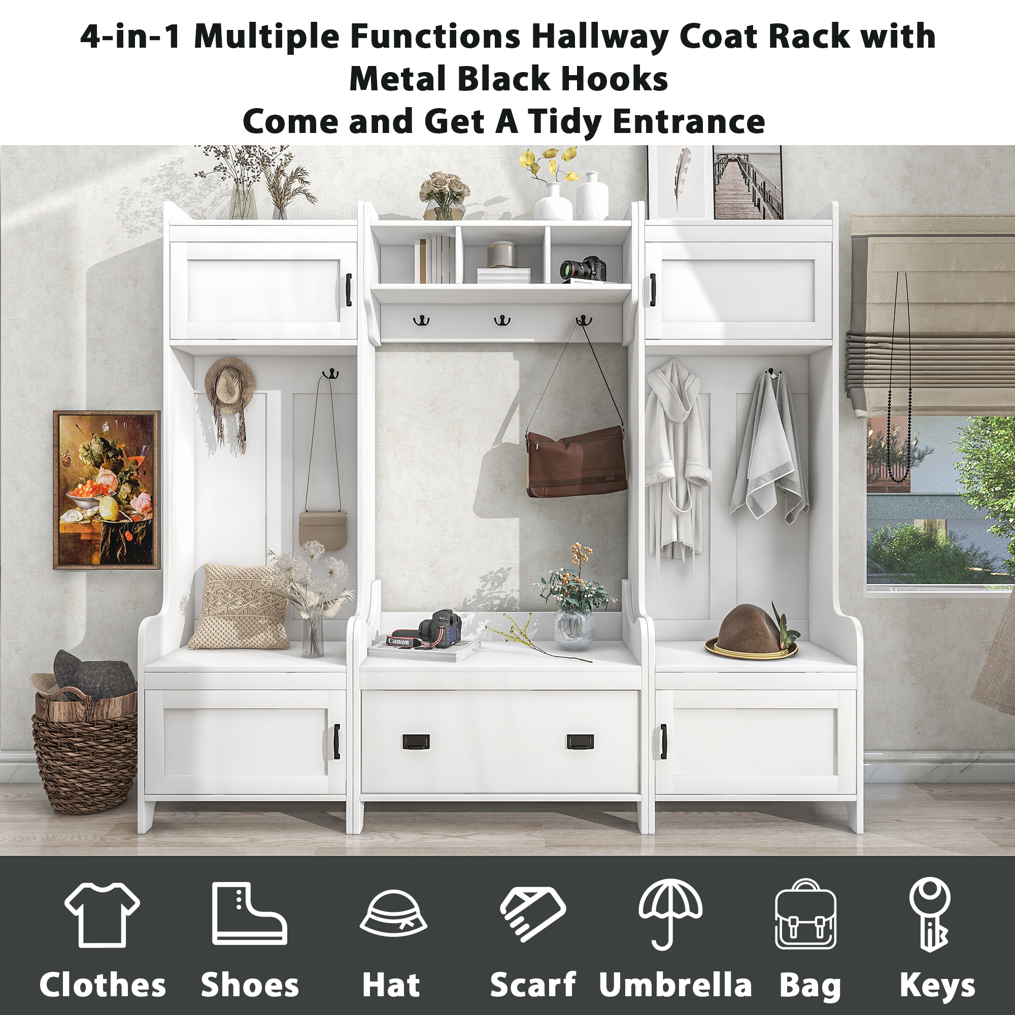 MAYEERTY Modern 4-in-1 Hallway Coat Rack: Bench, Storage Drawer, 7 Hooks, White