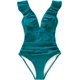thumbnail image 4 of (Azul) Traje de baño de una pieza con cuello en V para mujer Monokini con volantes y cordones, 4 of 5