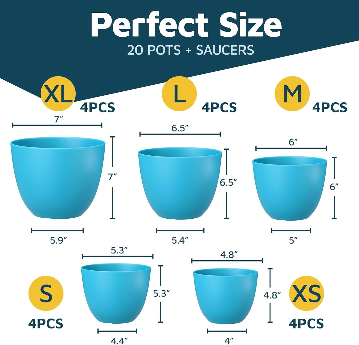 Blue Plant Pots with Drainage Holes & Saucers 20 Packs, Indoor & Outdoor Stackable Plastic Planters in Multiple Sizes for Houseplants & Flowers, Durable & Weatherproof Materials, Matte Finish