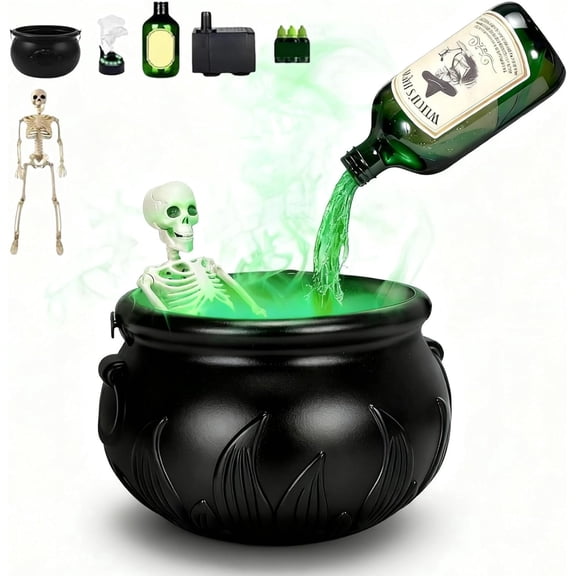 Halloween Decorations Indoor - Cauldron Halloween Decor with Magic Floating Potion Bottles and Diffuser, Black Plastic Witches Bowl Party Decoration for Spooky Vintage Home Kitchen Table