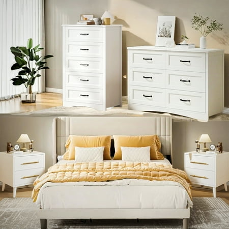 Bedroom Furniture Set, Queen Bed Frame, 2 Nightstands, 5-Drawer Dresser & 6-Drawer Dresser for Large Bedrooms